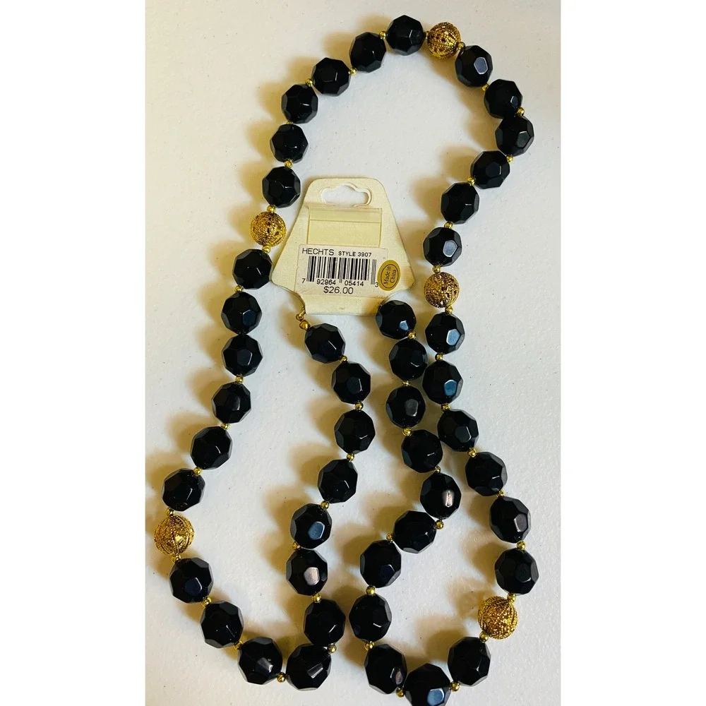 Carol for Eva Graham Black Faceted Beaded Necklace Gold Filigree Accents 34 Inch